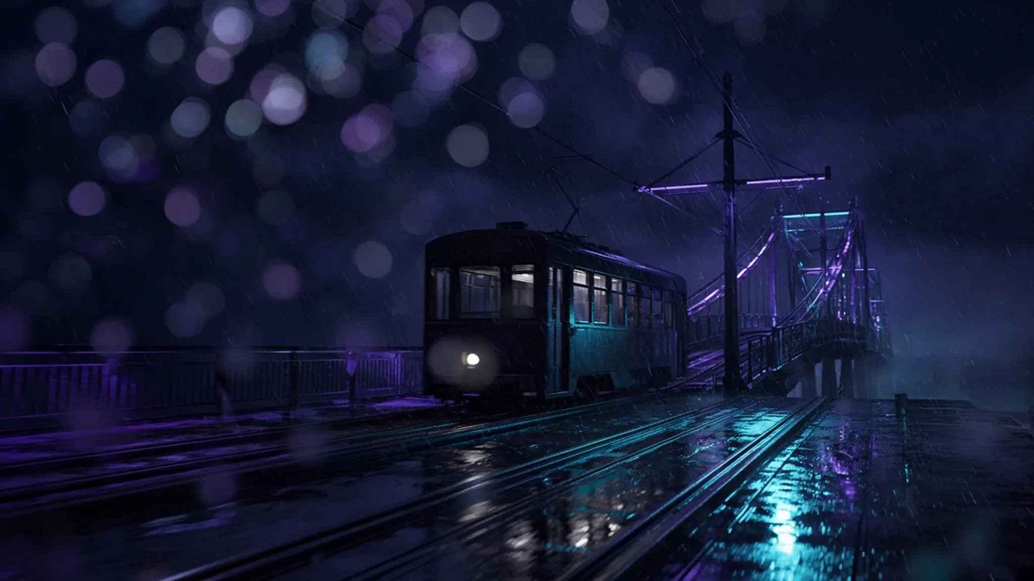 A night tram crossing a violet bridge, rain on the lens, slow push-in.